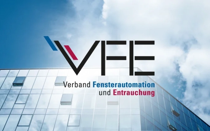 VFE Verband für Fensterautomation und Entrauchung, VFE Logo auf Bürogebäude. VFE Verband für Fensterautomation und Entrauchung, VFE Logo auf Bürogebäude.